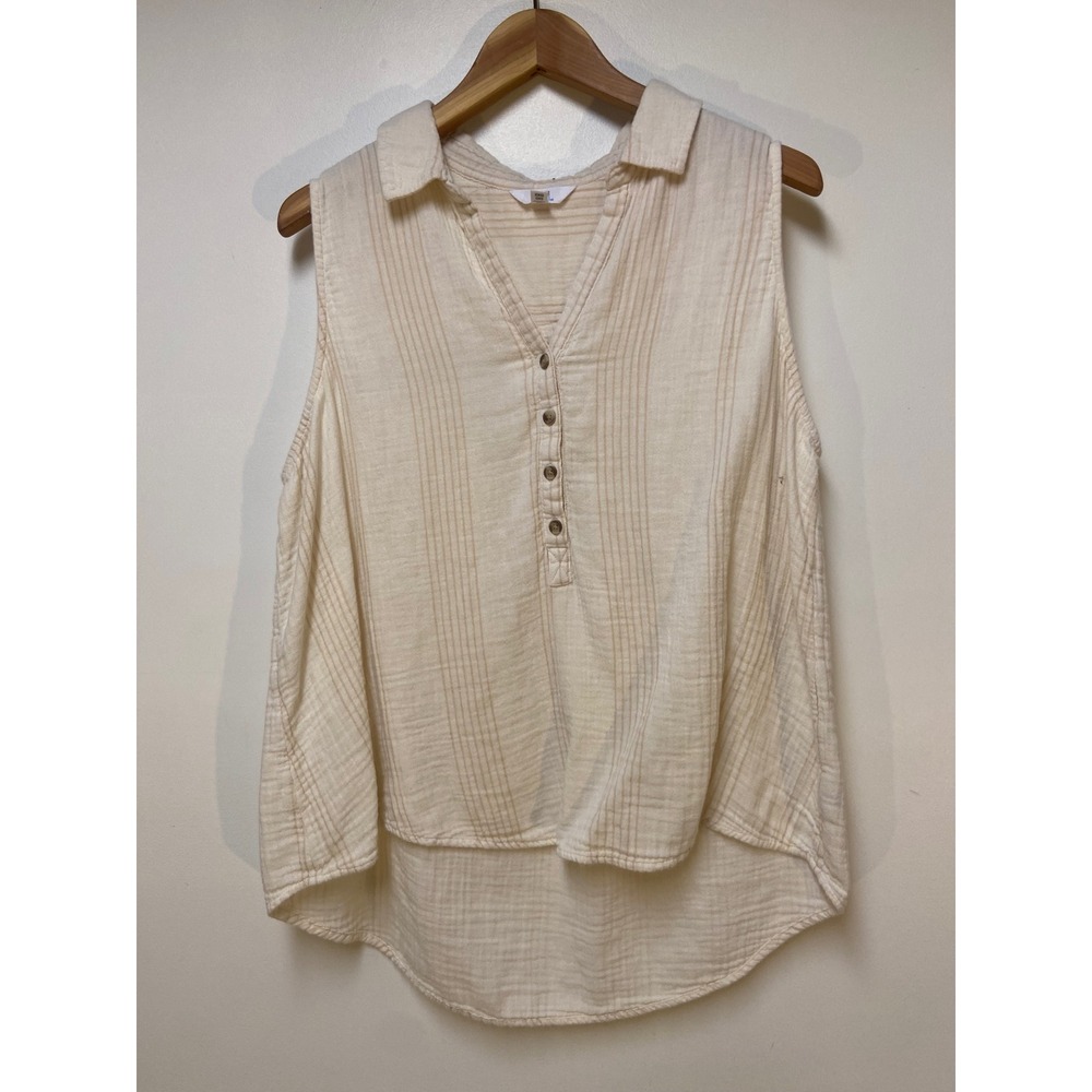 Time‎ and Tru Sleeveless Top Women XXL 20 Ivory Striped Cotton Gauze Henley